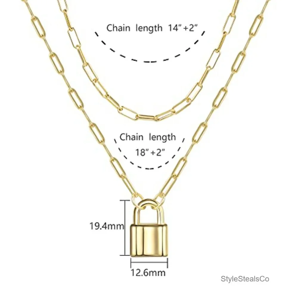 14K Gold Plated Lock Necklace Layered Chain Pendant Jewelry for Kids